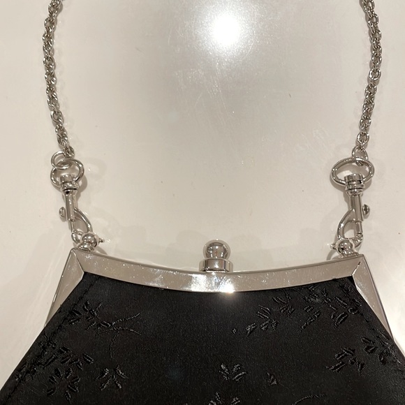 (2/$30) Black cocktail purse with black floral + silver tone chain strap/closure - Picture 5 of 6